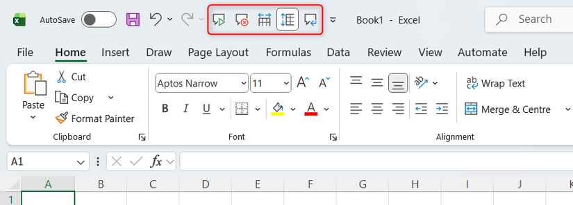 The voice commands in Excel's QAT.