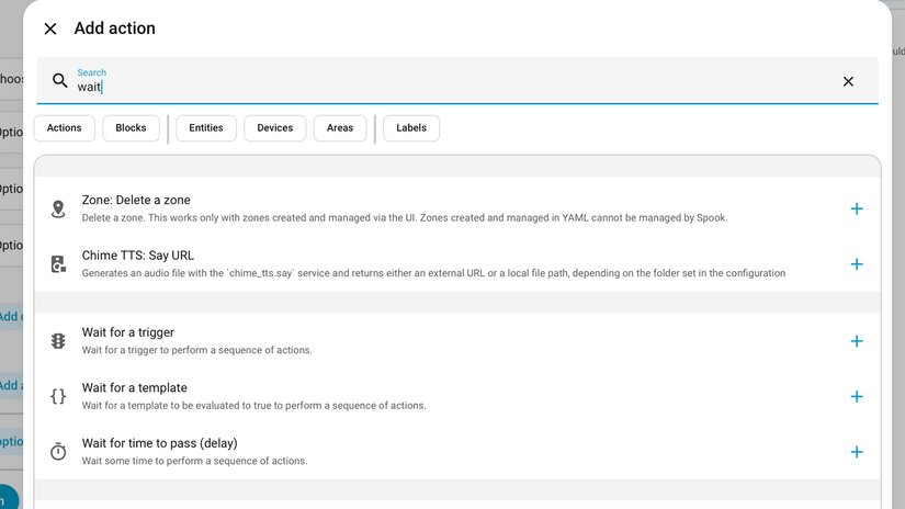 As ações de espera no editor de automação do Home Assistant.