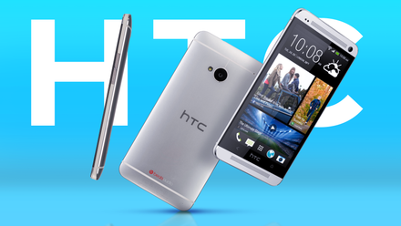 Three angled views of the HTC One smartphone floating against a blue background with large white 'HTC' lettering