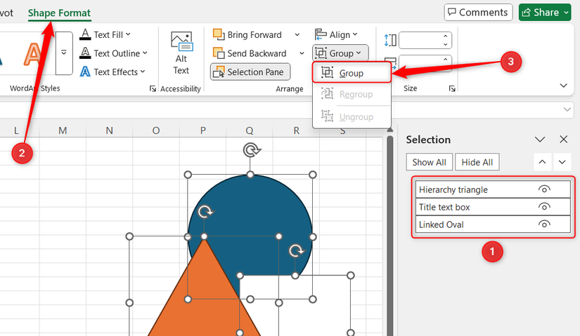 Hình 13: Ba đối tượng trong Bảng Chọn của Excel được chọn, và nút Nhóm trong tab Định dạng Hình dạng được làm nổi bật.