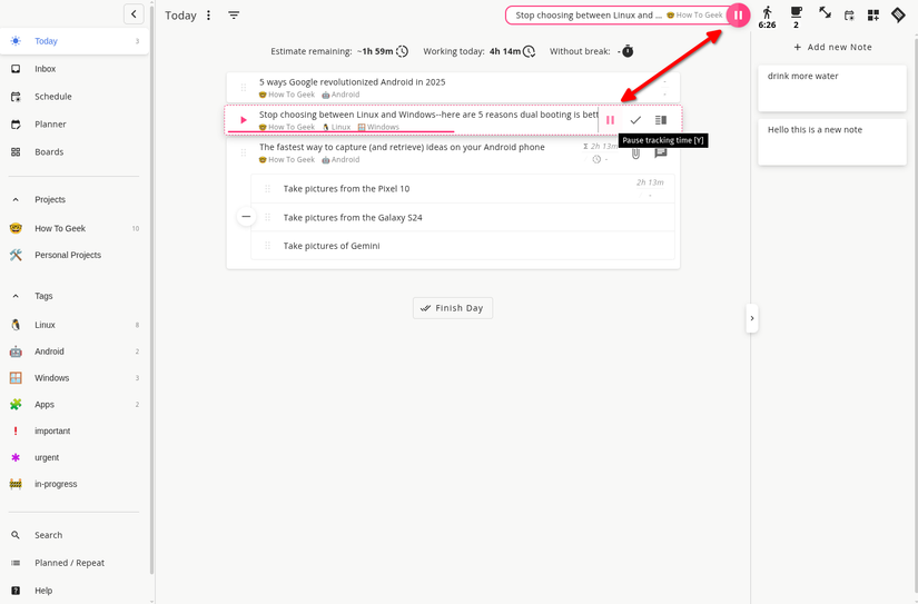 Track time spent on a task in the Super Productivity app.