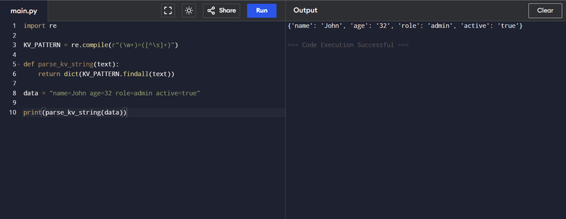 Transformar dados semiestruturados, como pares de valores-chave, em dicionários usando o módulo re do Python.