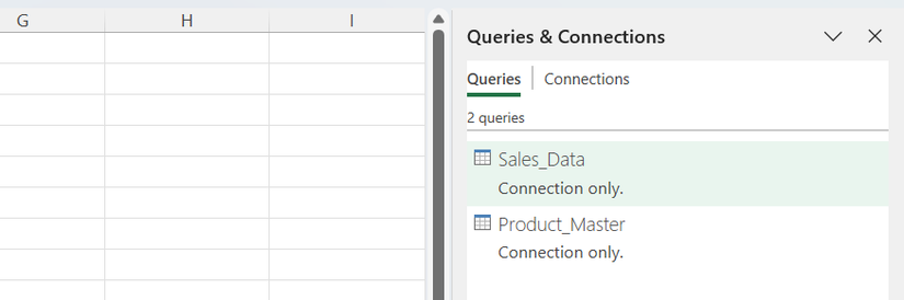 Hình 16: Hai truy vấn được lưu trữ dưới dạng kết nối trong ngăn bên Queries and Connections của Excel.