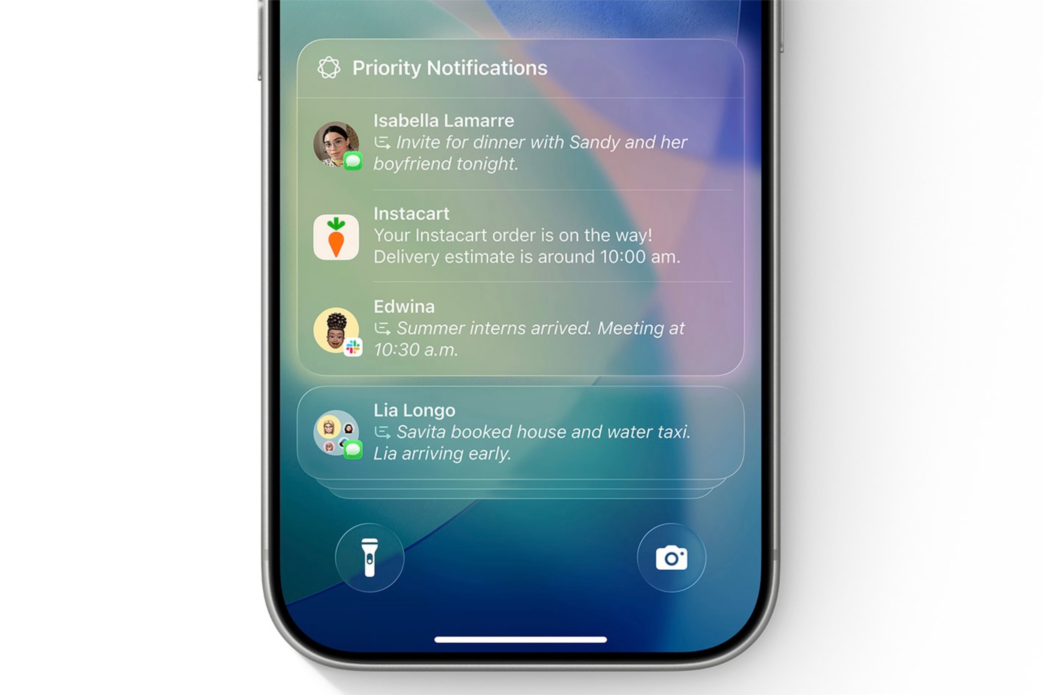 Priority notifications shown on an iPhone with Apple Intelligence.