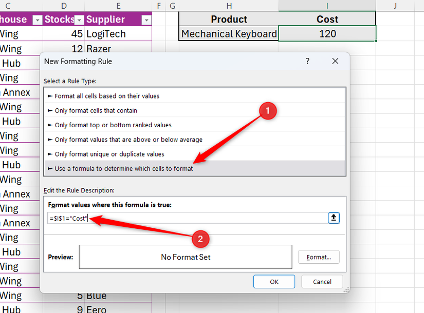 Utiliser une formule... est sélectionné dans la boîte de dialogue Nouvelle règle de formatage d'Excel et une formule courte est saisie dans le champ de formule vide.