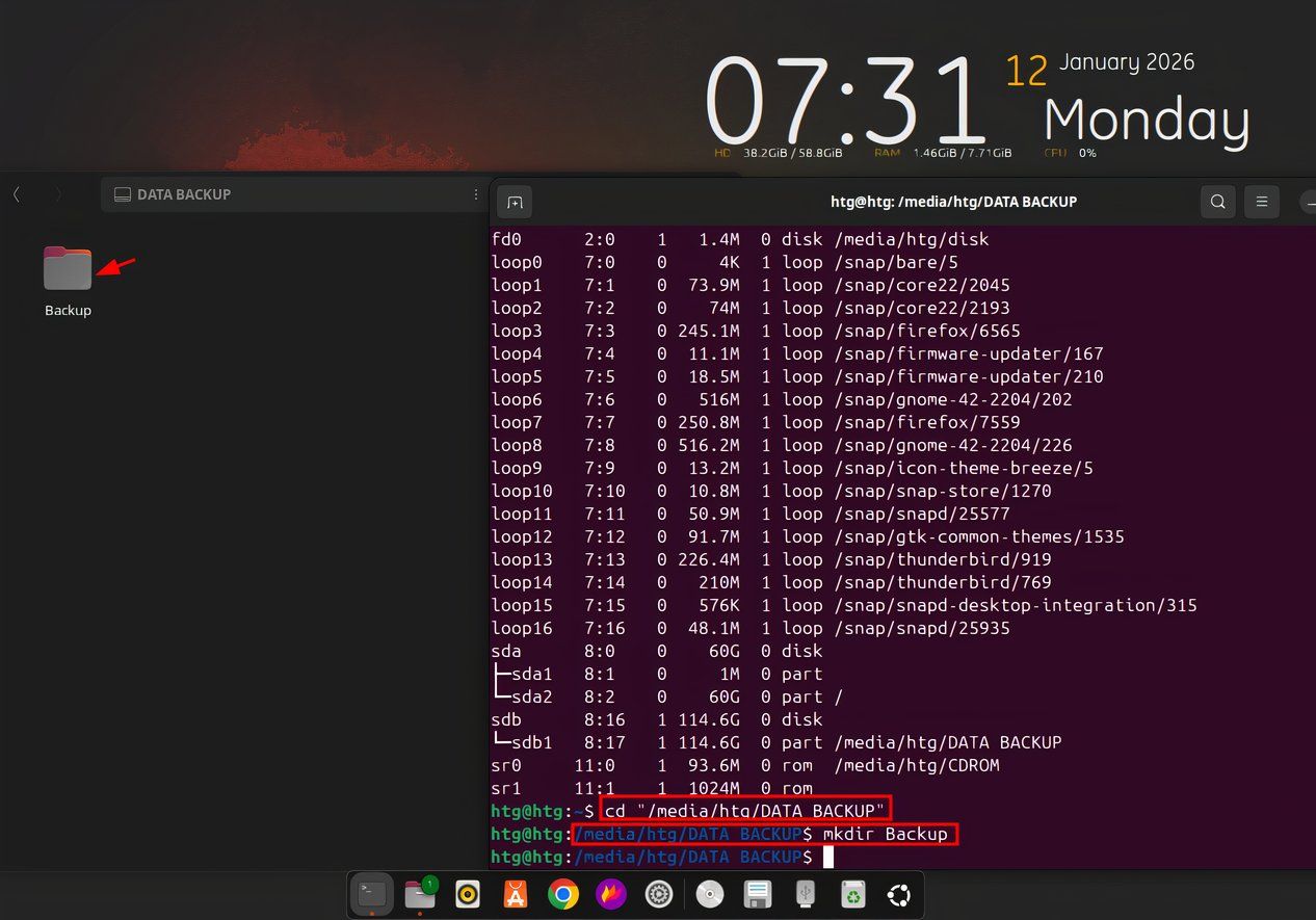 Using commands to create a backup folder in a USB flash drive