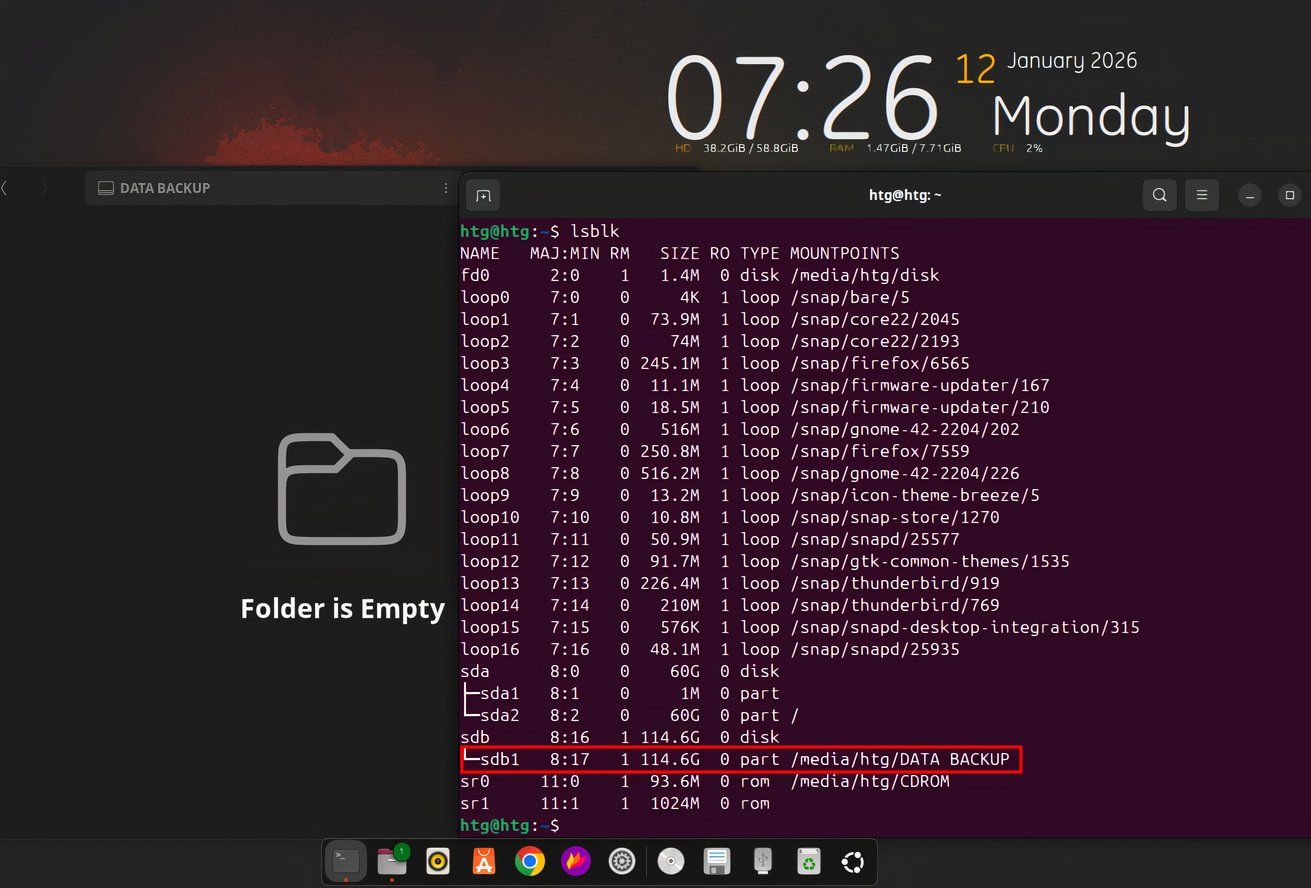 Using the lsblk command to note the mount point of the USB flash drive