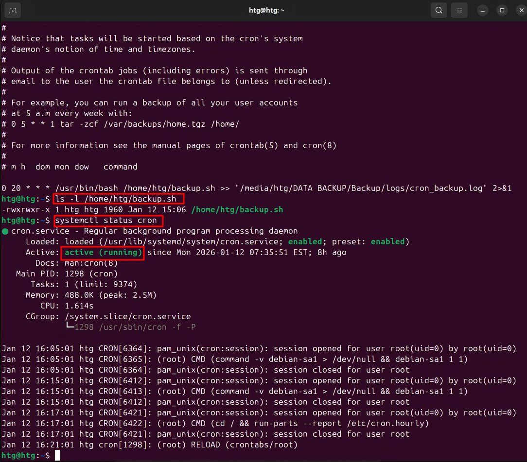 Using the systemctl command to check cron service status