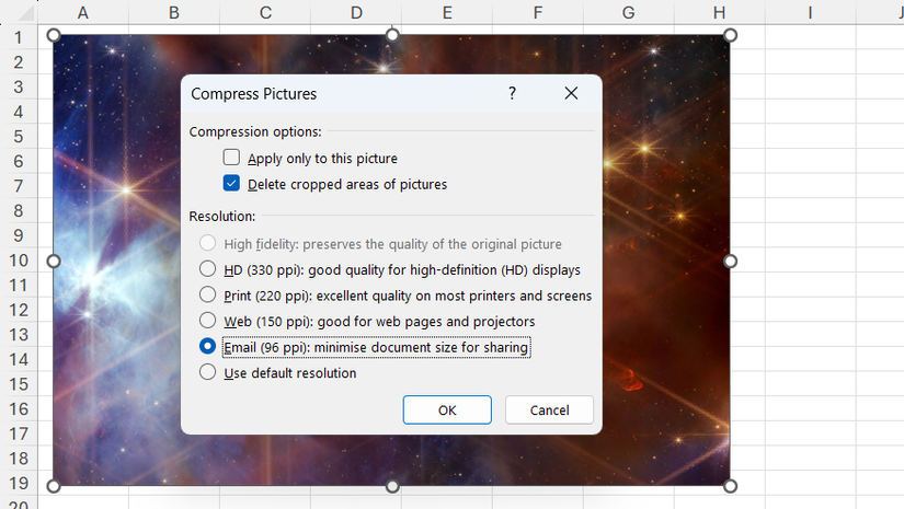 Various options are selected and deselected in Excel's Compress Pictures dialog box.