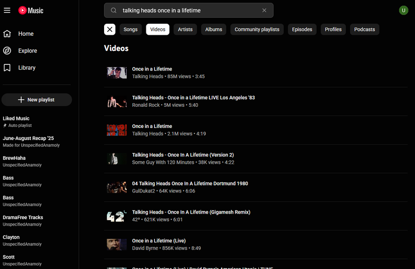 A screenshot of YouTube Music open to the search video tab.