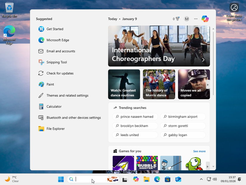The search menu shows ads, Bing searches, and a Copilot shortcut.