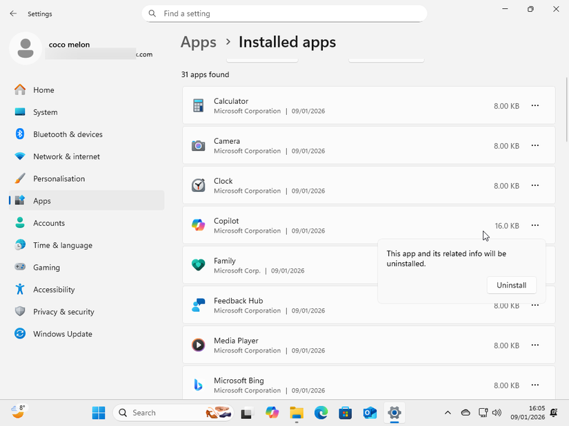 Desinstalando o Copilot usando o aplicativo Configurações.