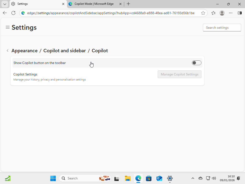 Disabling Copilot features on Micosoft Edge.
