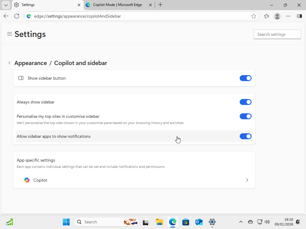 Disabling the Copilot features on Microsoft Edge.