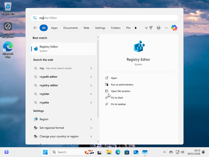 Executando o Editor do Registro como administrador.
