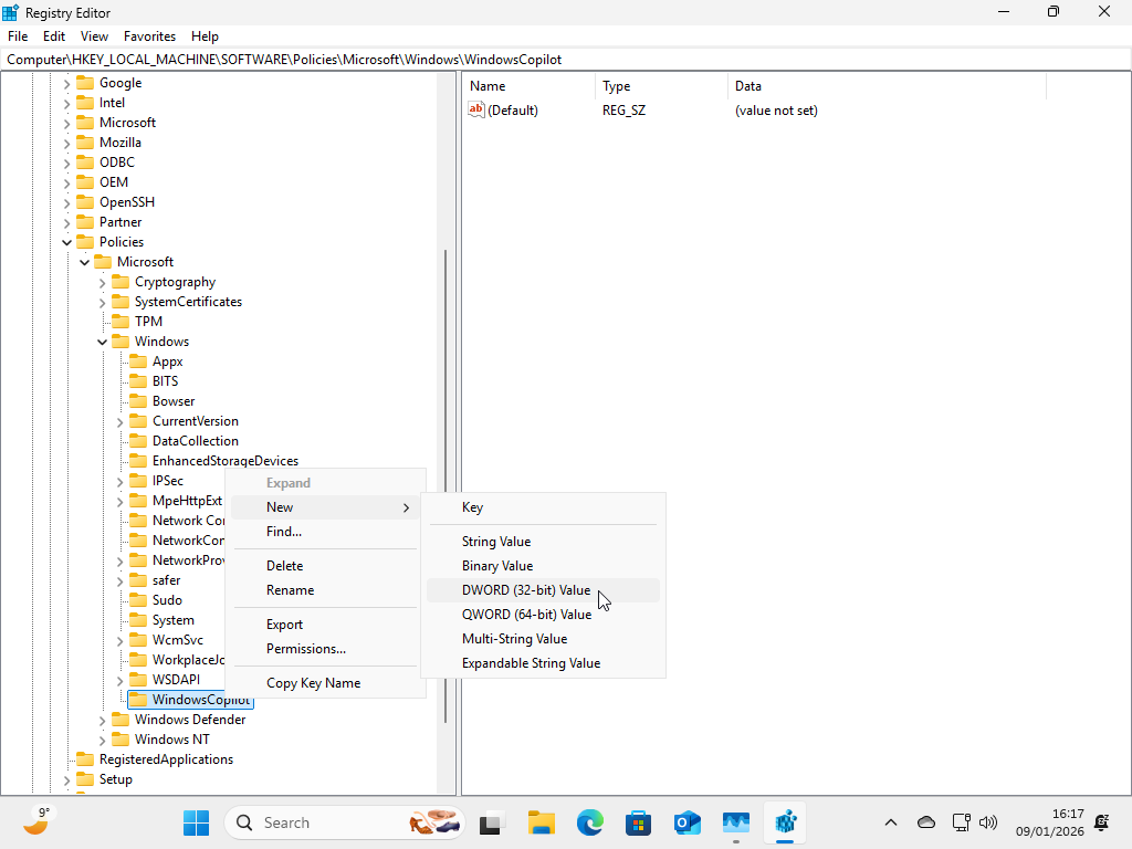 Creating a new Registry value to disable Copilot.