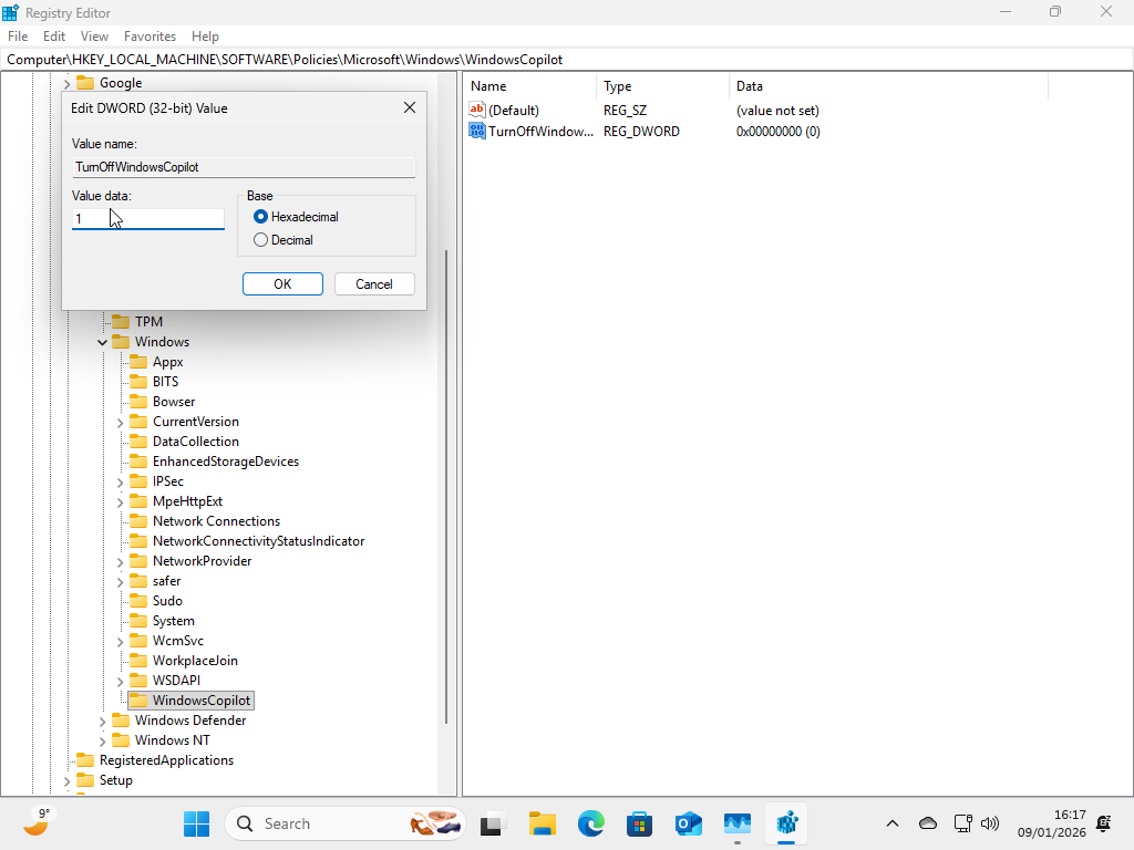 Modifying the value of the key in Registry Editor.