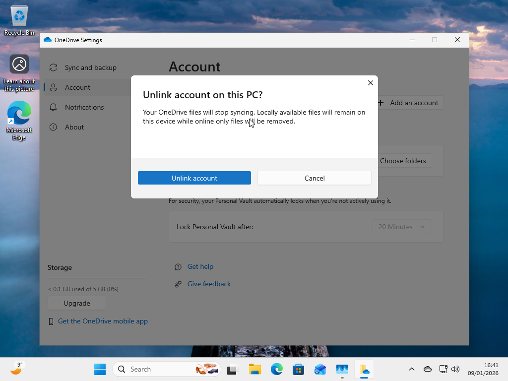 Unliking this PC from OneDrive sync.