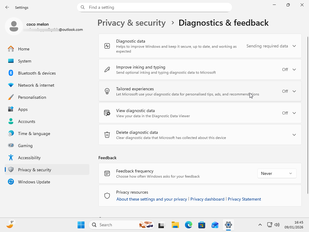 Minimizing data collection in Windows.