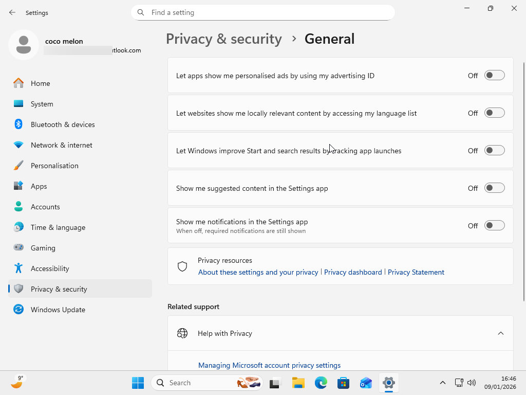 Changing Windows settings to minimize spam and tracking.