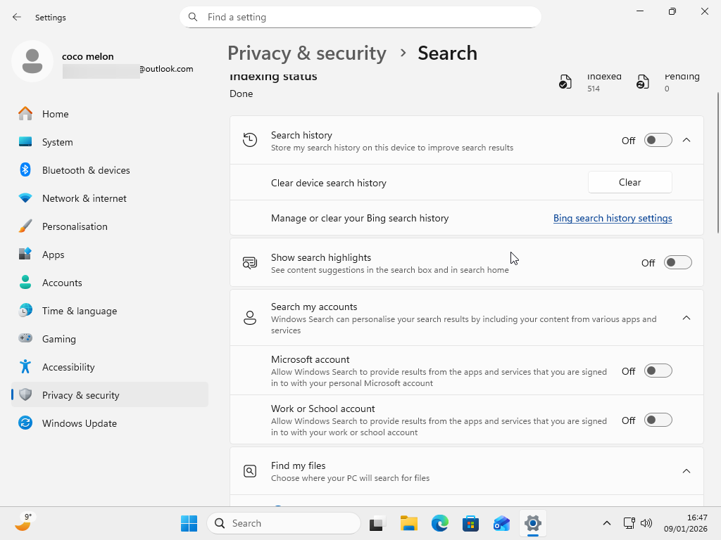 Windows settings for disabling tracking and ads in Windows search.