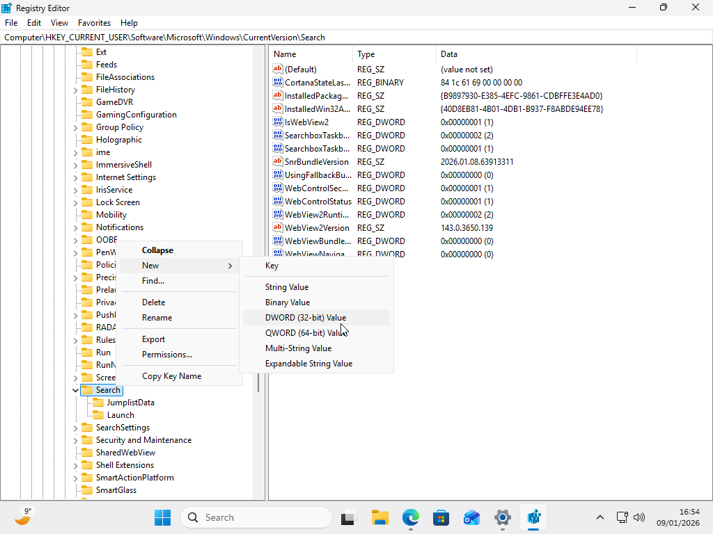 Modifying the key value to remove Bing from Windows search.