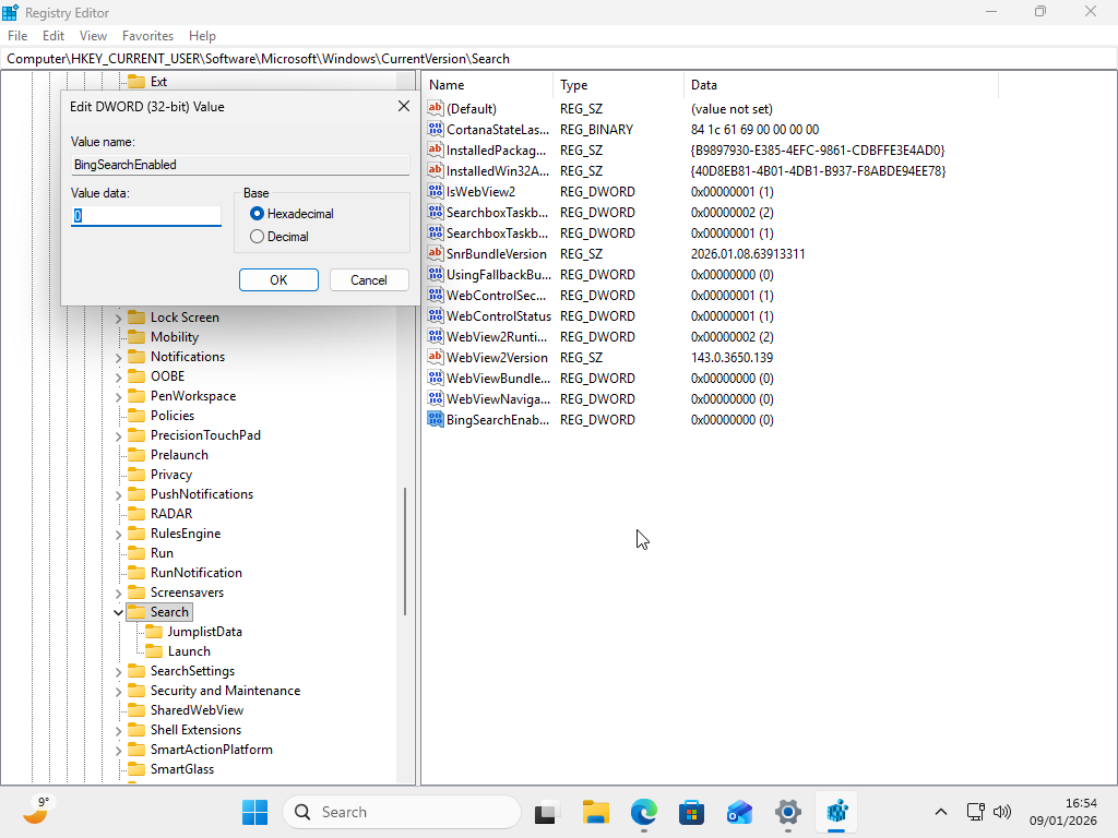 Modifying Registry values to remove Bing