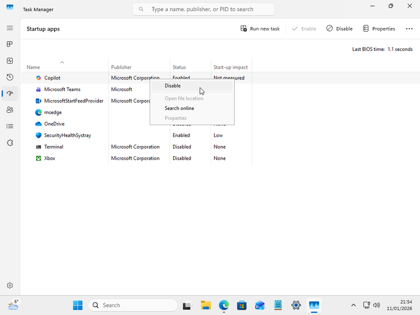 Desativando o Copilot para iniciar automaticamente na inicialização.