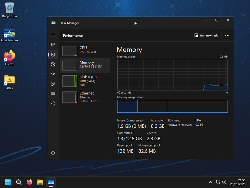 AtlasOS uses 2GB of RAM when idling.