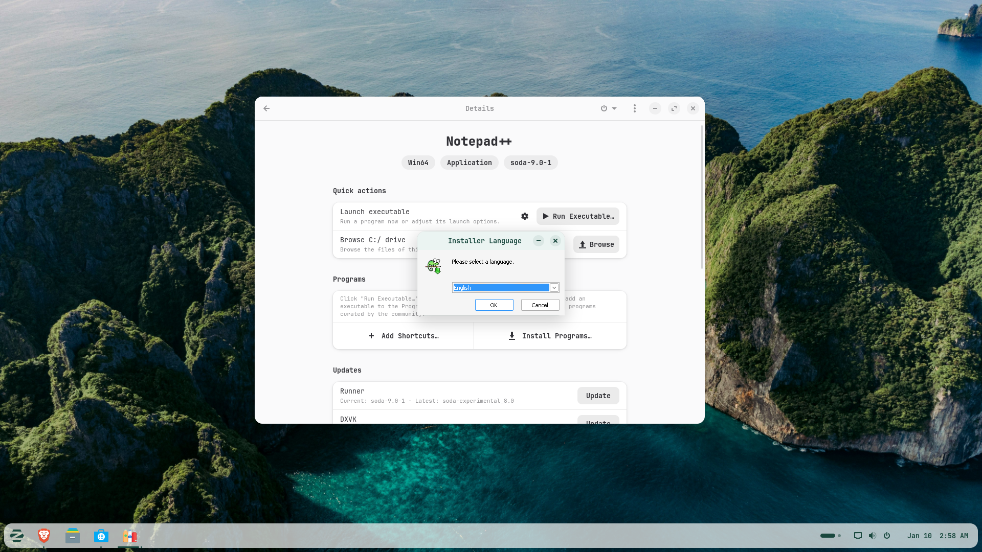 Notepad++ installer running on ZorinOS.