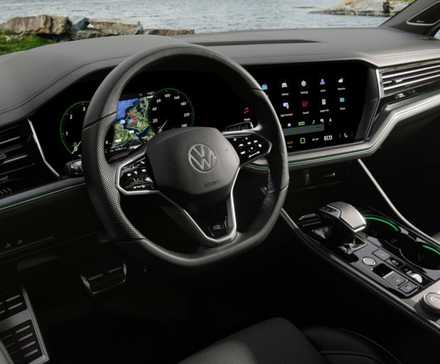 Close-up shot of the steering wheel and dashboard in a 2024 Volkswagen Touareg.