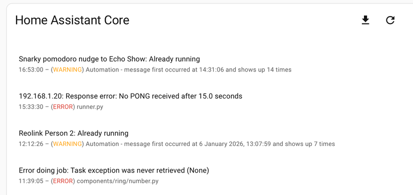 Warning and error messages in the Home AssistaHome Assistant Core logs.