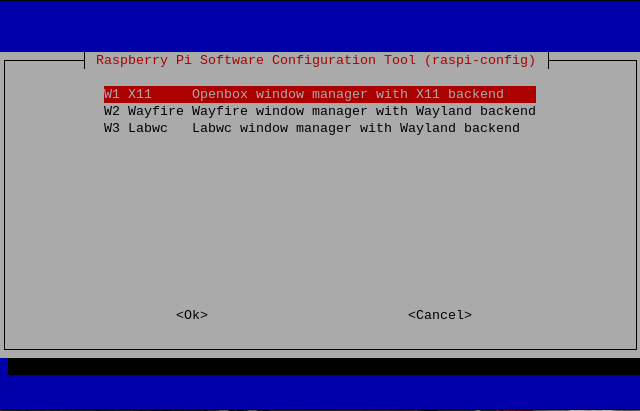 Window system setting in raspi-config for Raspberry Pi OS.