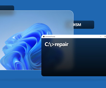 Windows Command Prompt showing a repair command line with SFC and DISM labels on a blue background.