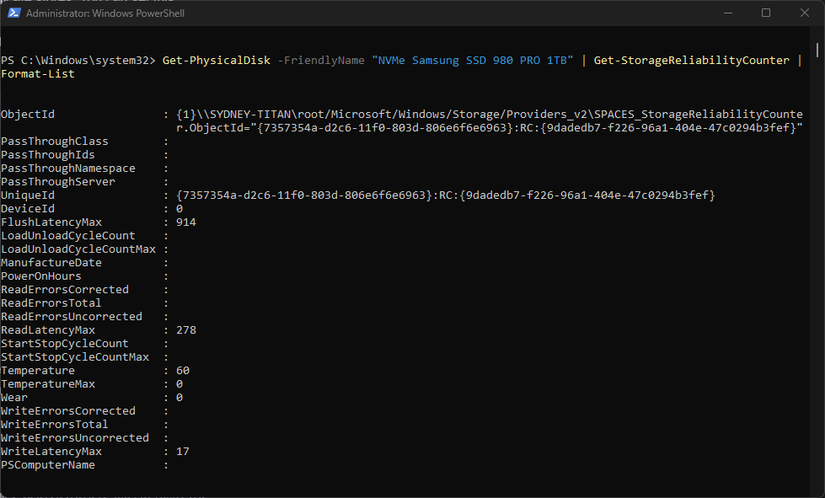 Relatório SSD do Windows PowerShell.