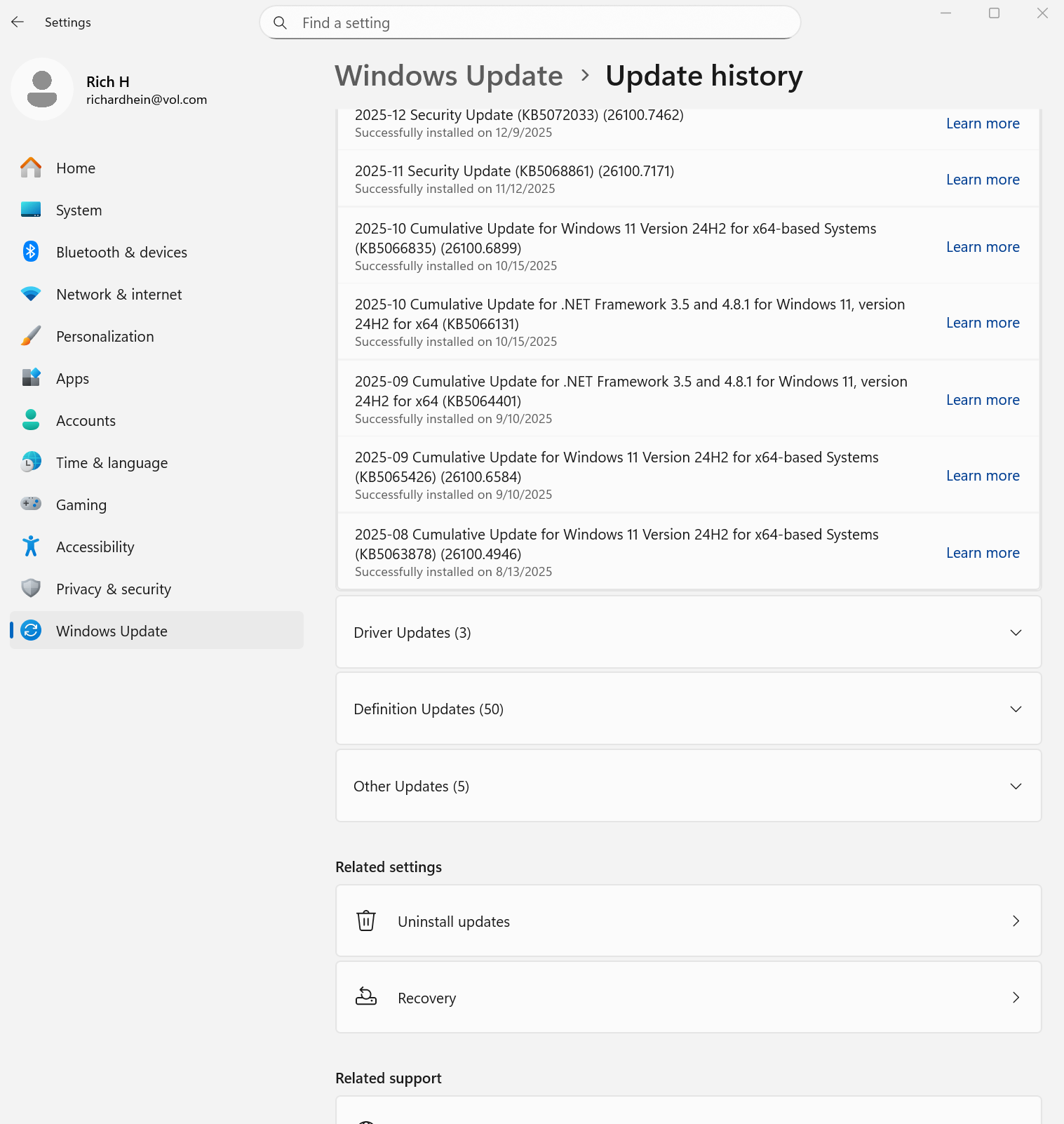 A screenshot of Windows 11 Settings, open to the Windows Update history tab.