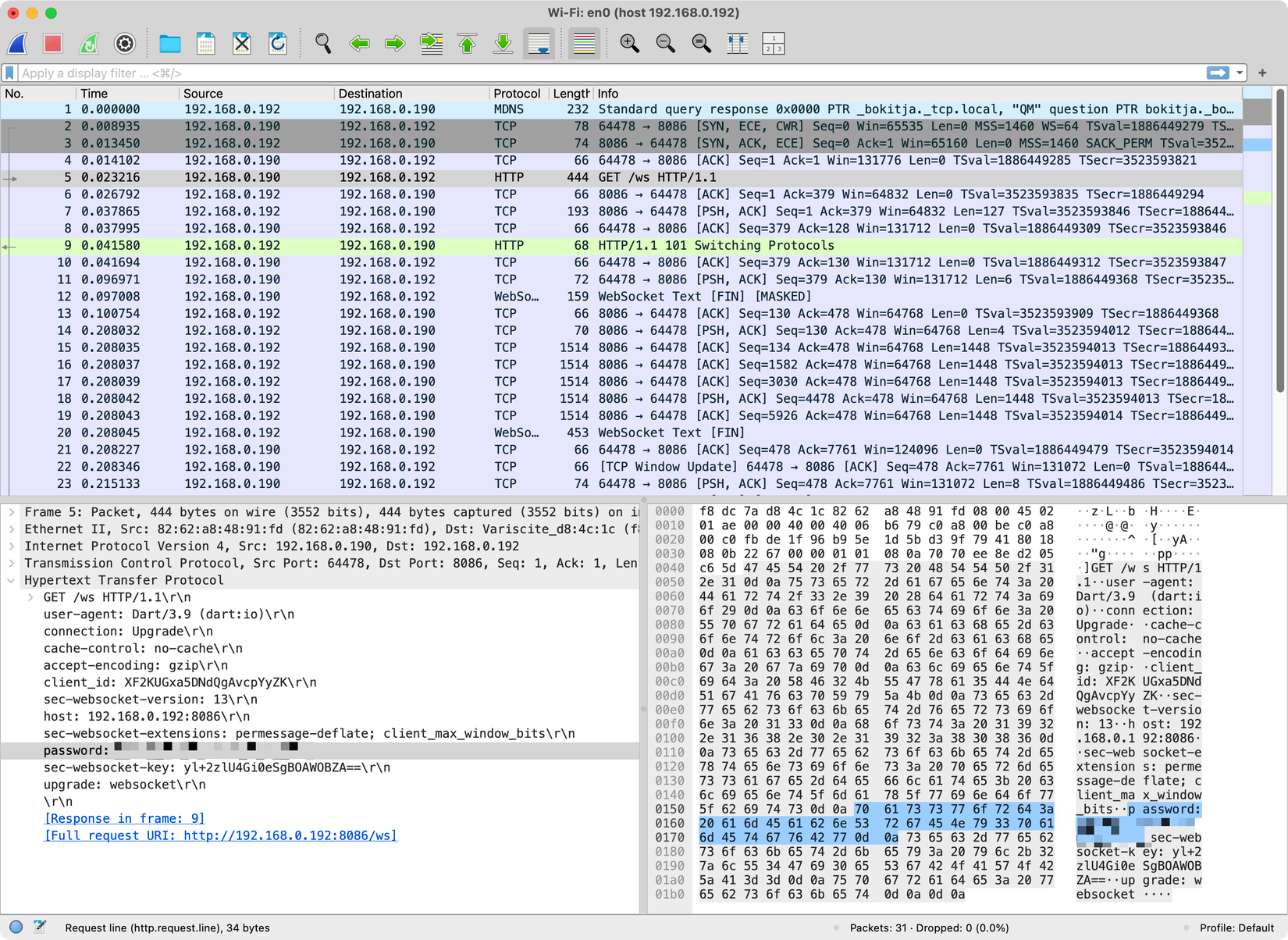 Paquetes de olfateo de Wireshark.