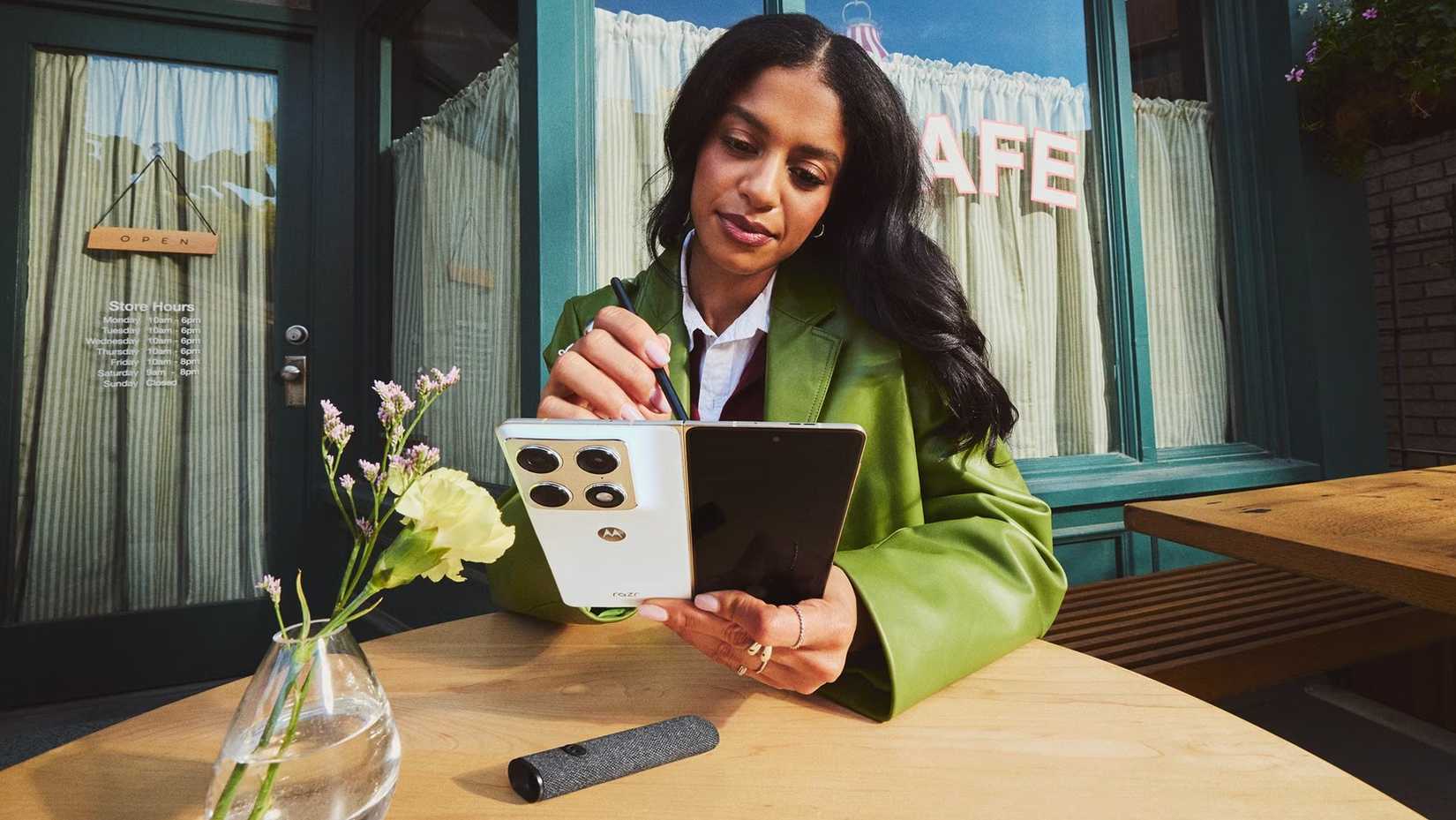 Woman interacting with a Motorola Razr Fold using a stylus.