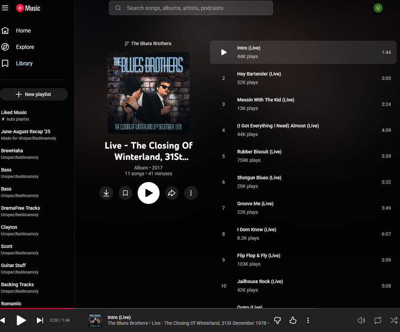 A screenshot of YouTube Music open to a live recoding of the Blues Brothers from 1978.