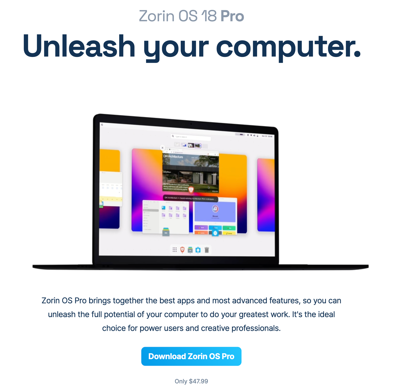 Zorin OS Pro information and download webpage with it's pricing stated as $47.99.