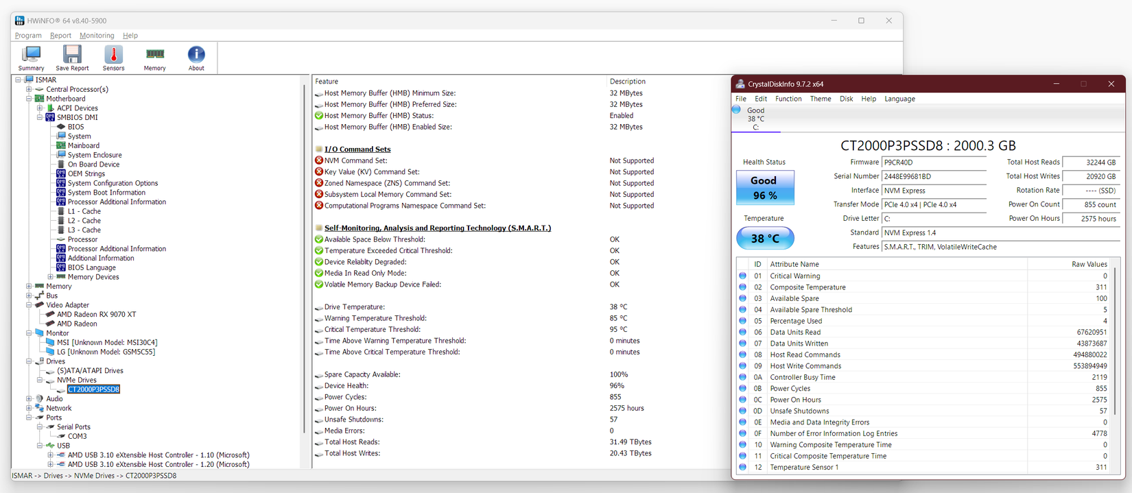 Hwinfo and Crystaldiskinfo opened next to each other.