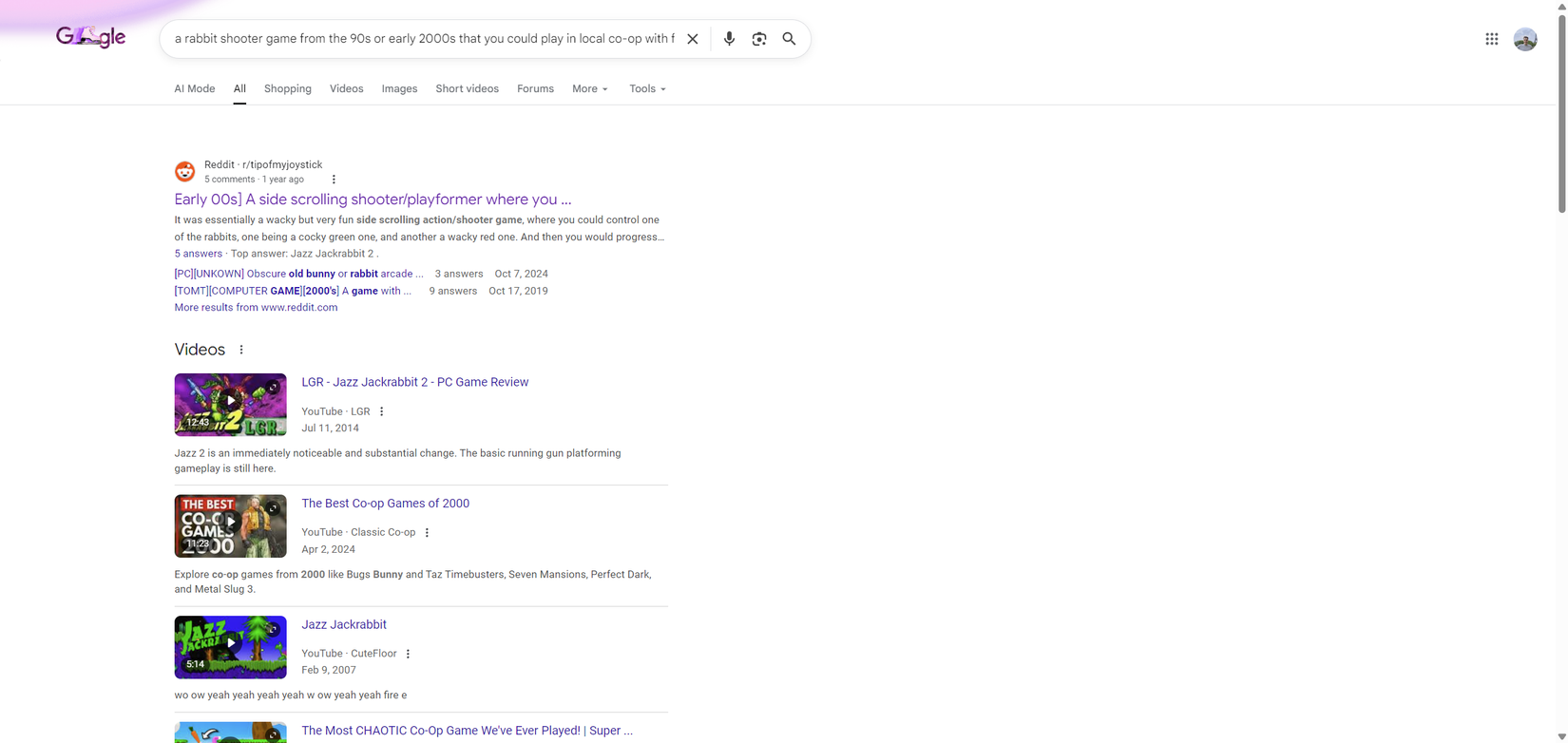 A Google search result for the query "a rabbit shooter game from the 90s or early 2000s that you could play in local co-op with friends."