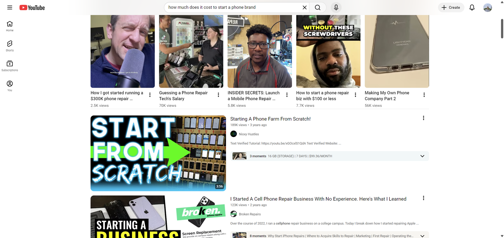 YouTube search results for "how much does it cost to start a phone brand."