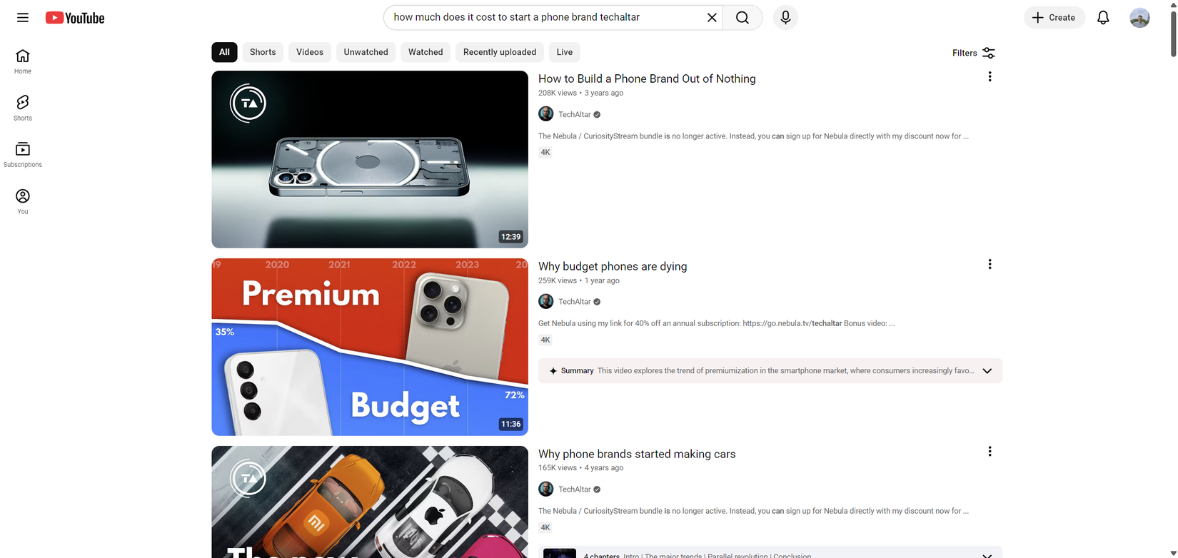 YouTube search results for the query "how much does it cost to start a phone brand techaltar."