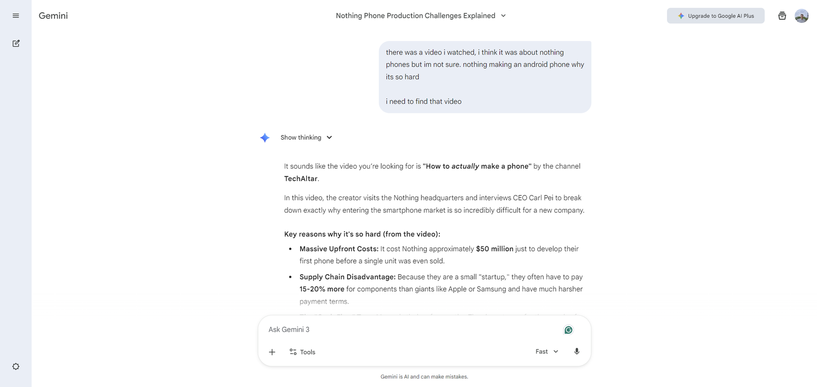 A chat with Gemini about a YouTube video.