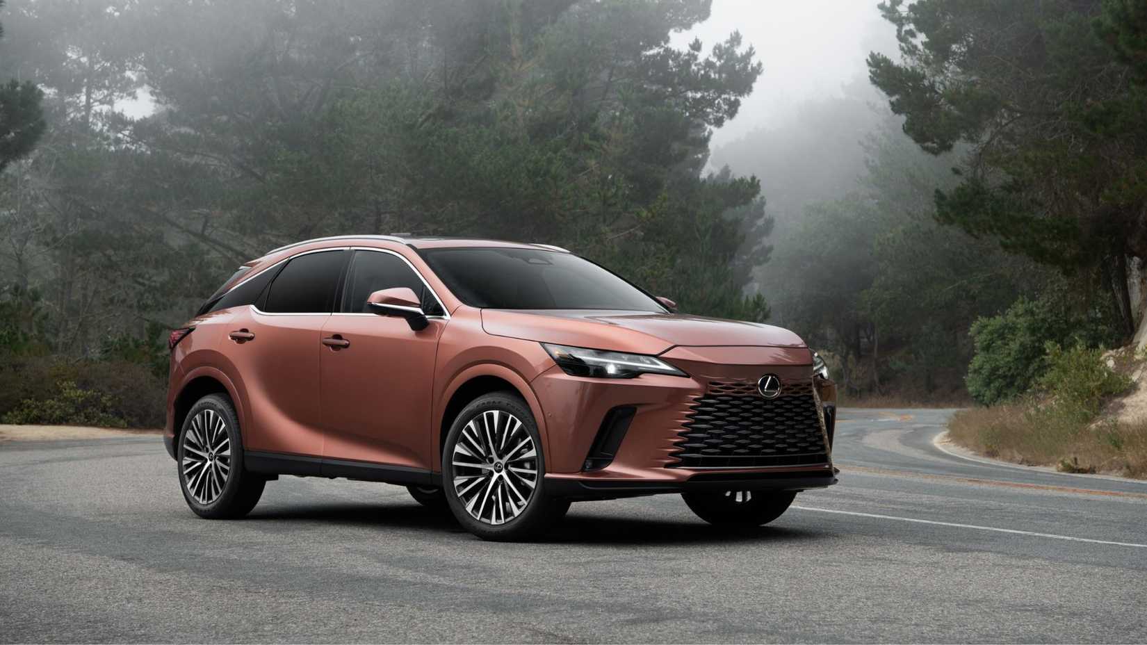 Static front 3/4 shot of a copper 2026 Lexus RX 350 Premium AWD.