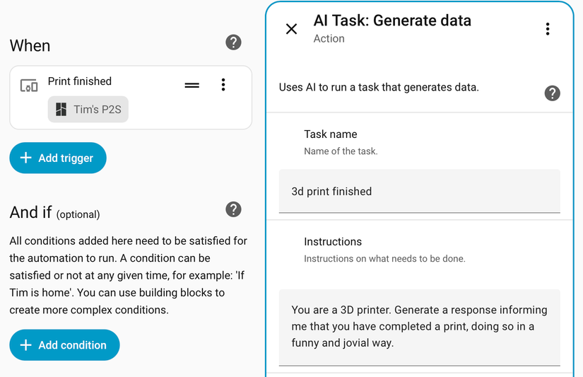 3D printer notification via AI Task in Home Assistant.