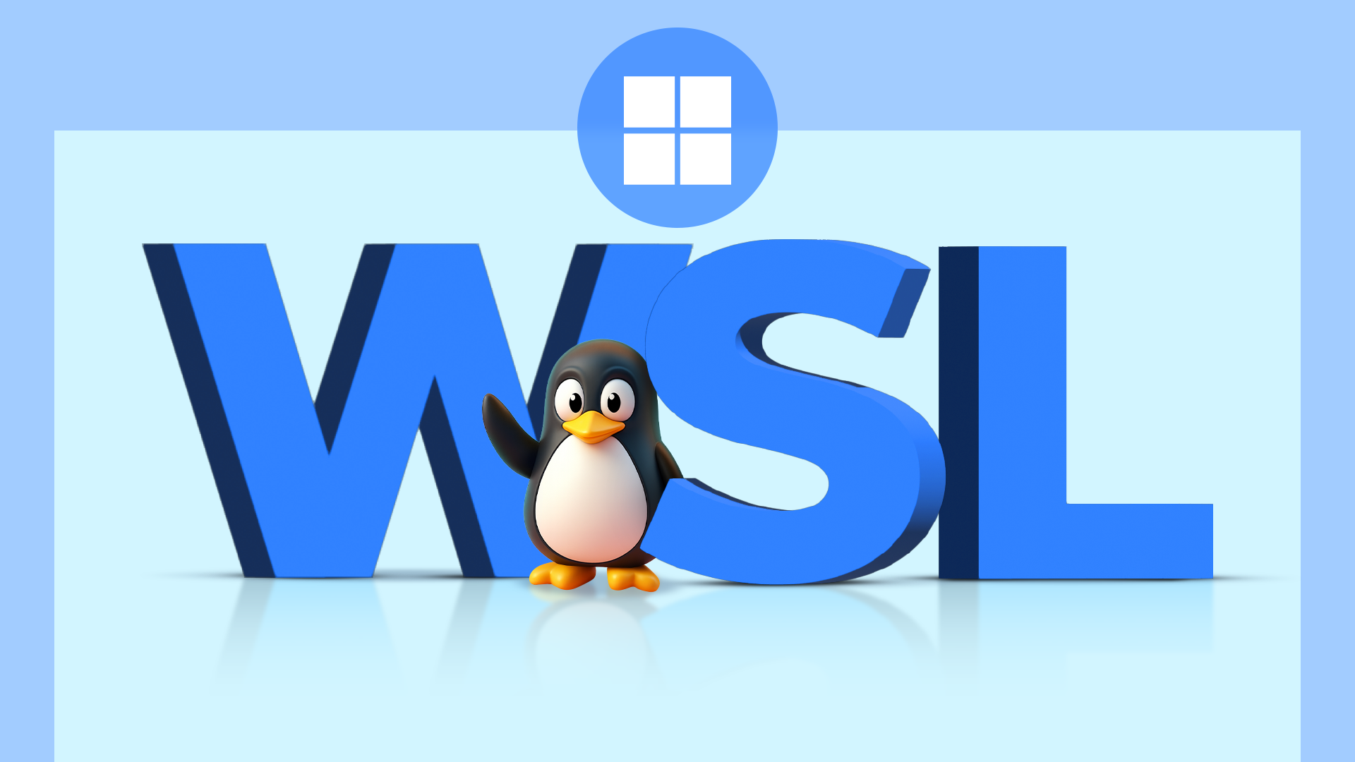 3D Tux penguin standing with large blue 'WSL' text and a Windows logo overhead.