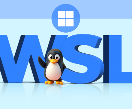 3D Tux penguin standing with large blue 'WSL' text and a Windows logo overhead.