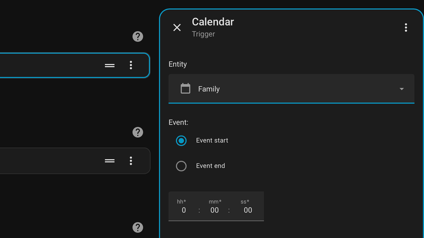 A calendar trigger in a Home Assistant automation.
